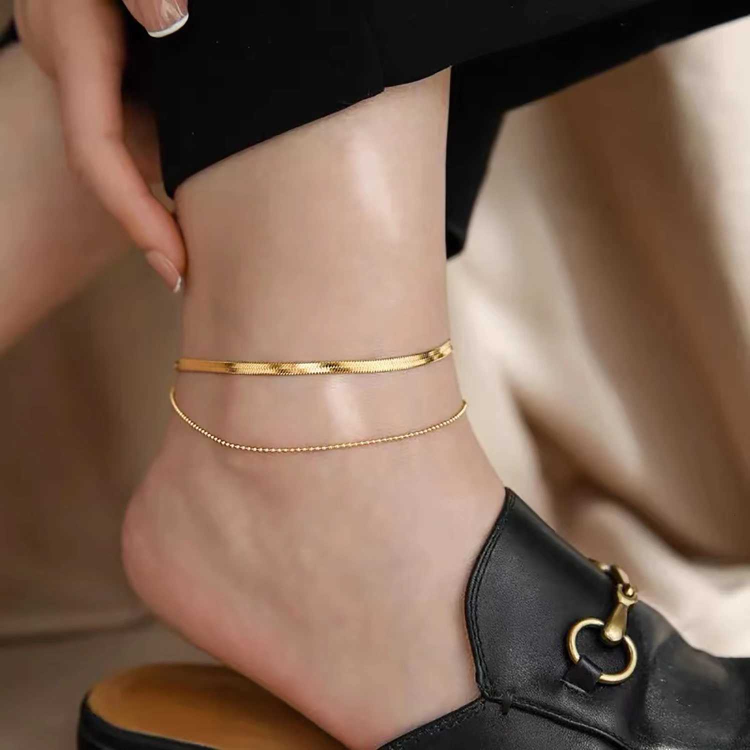 Exquisite Classic 18k Gold Plated Rust Proof Stylish Snake Chain Double Layer Anklet Trendy Summer Anti Allergic Jewelry Y250805