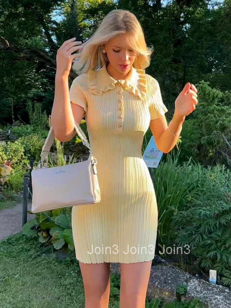 High Waist Ruffled Mini Dresses For Women Summer Short Sleeve Knitted Slim Fit Dress Womens Vintage Dress Woman Elegant