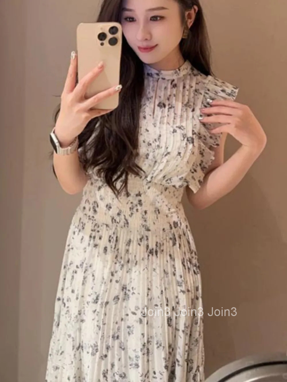 New Sweet O Neck Flying Sleeve Dress Ruffles Chiffon Print Patchwork Pleated Robe Japan Elegant Literary Casual Vestido