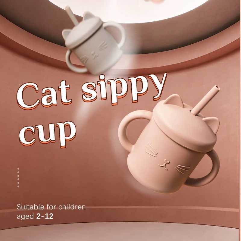 Baby Food Grade Feeding Cup Kid Double Handle Design Cute Cat Styling Straw Bottle Anti-Hot Leakproof Baby Silicone Feeding Cups X2508061