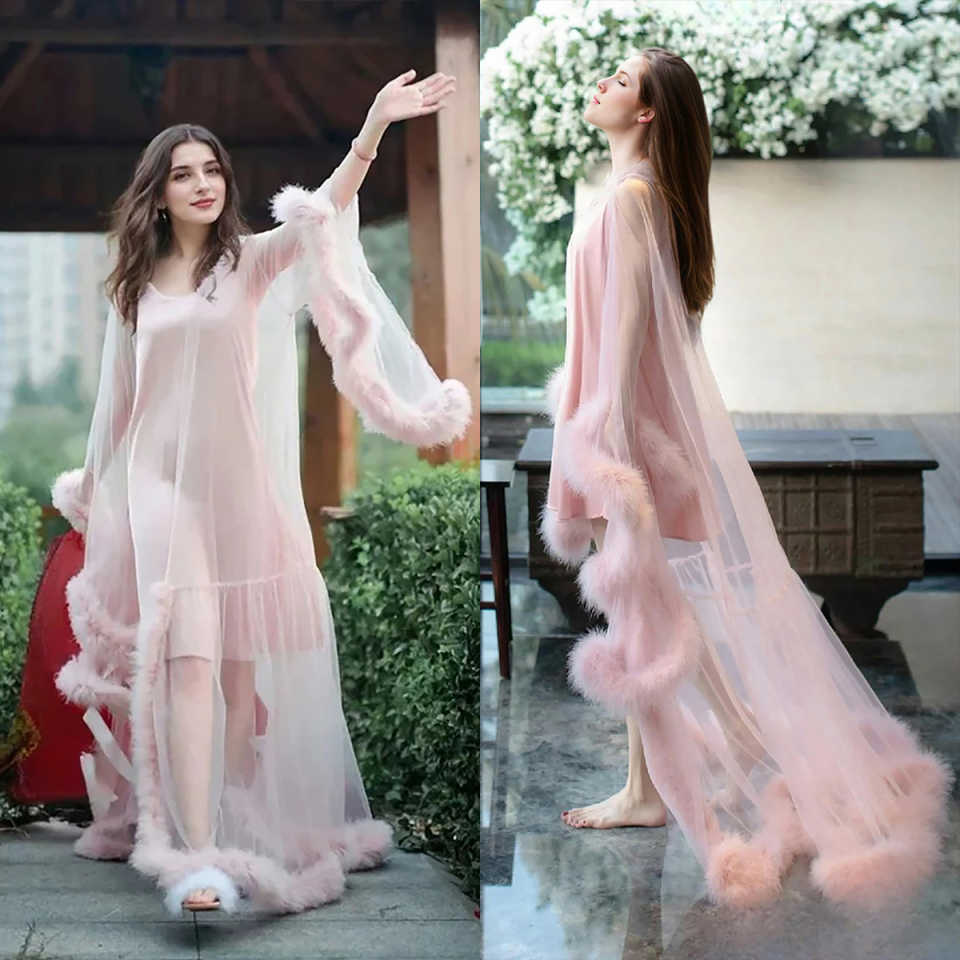 Elegant Lace-up Mesh Nightdress With Fluffy Sleeves Wedding Night Bath Dress Bride Robe Nightgown Customized