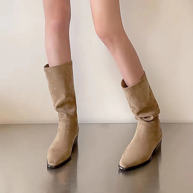 Western Women Knee-High Boots Autumn Winter Cow Suede Leather Quality Office Ladies Casual Shoes Woman Female Boot 250731