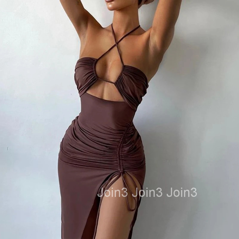 Summer Black Sexy Dress For Women Sleeveless Backless Hollow Out Party Dress Fashion Lace-up Halter Bodycon Elegant Split Dress