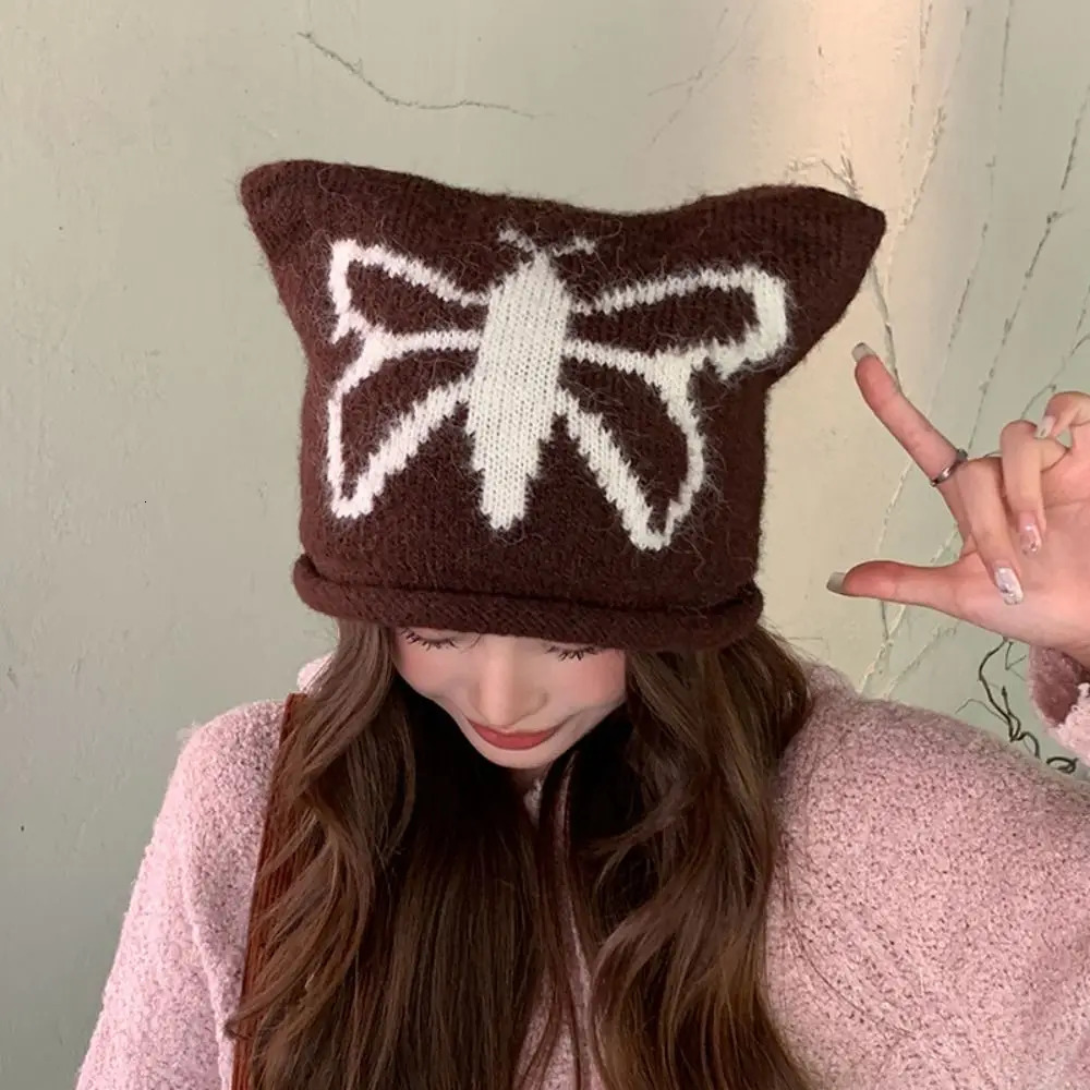 Kawaii Y2K Cute Cat Ears Beanie Hats Curly Warm Butterfly Knitted Hat Harajuku Wool Jacquard Cap Winter Autumn 250806