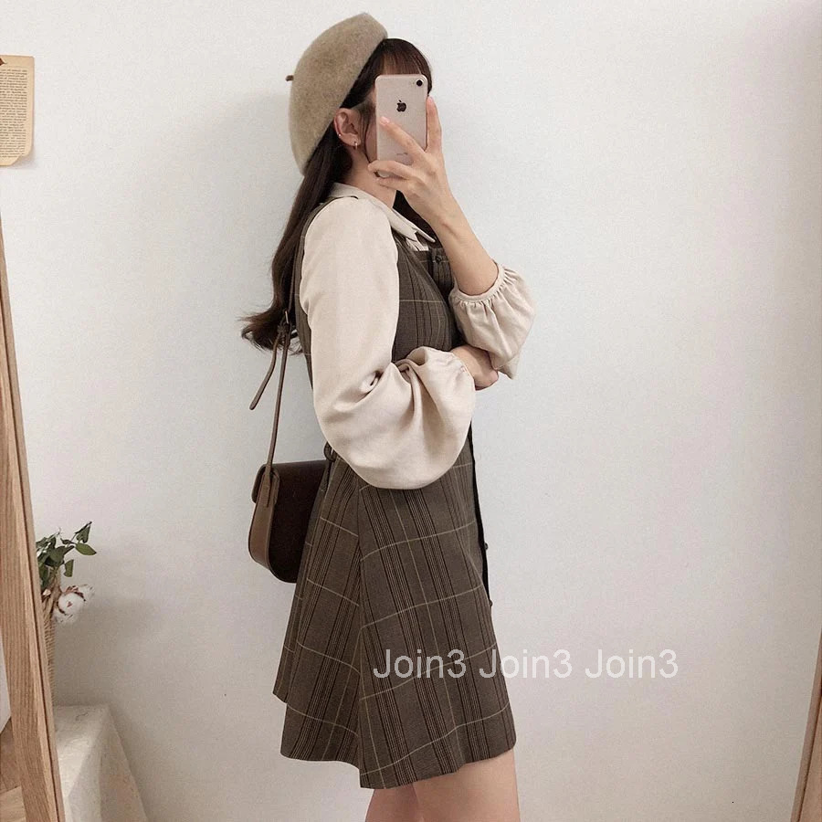 Preppy Sty Japan Girls Matching Outfits Date Lady Autumn Spring A Line Women Plaid Shirt Dress