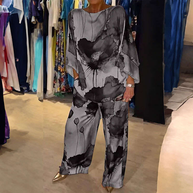 Summer New Urban Elegant Off-Shoulder Loose Printed Batwing Sleeve Drawstring Long Pants 661 B5