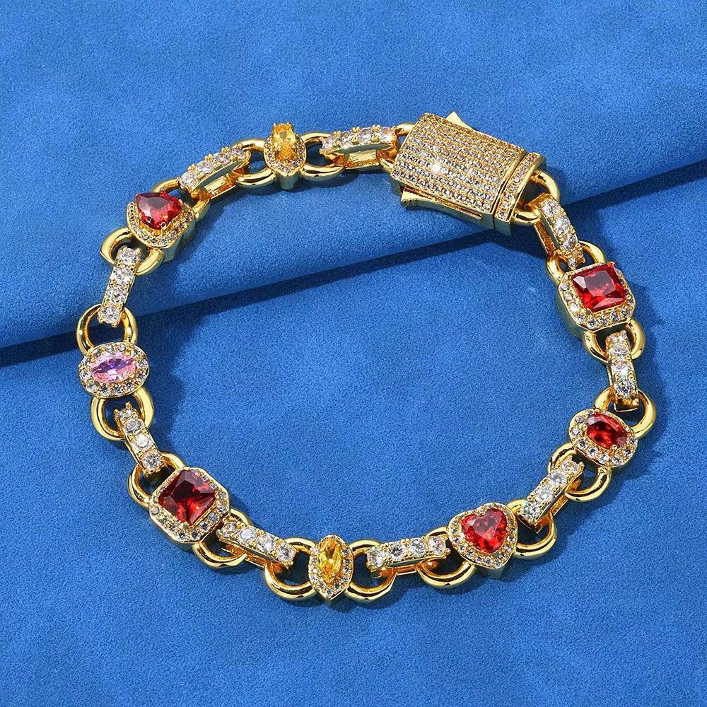 NUOYA Luxury 10mm Heart Tennis Bracelet 925 Silver Iced Out VVS Moissanite Red Zircon Hip Hop Fine Jewelry