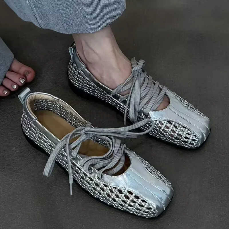 2025 New Mesh Flats Sandals Women Ballet Shoes Mary Janes Square Toe Hollow Loafers Shoes Summer Shallow Casual Sneakers M250806