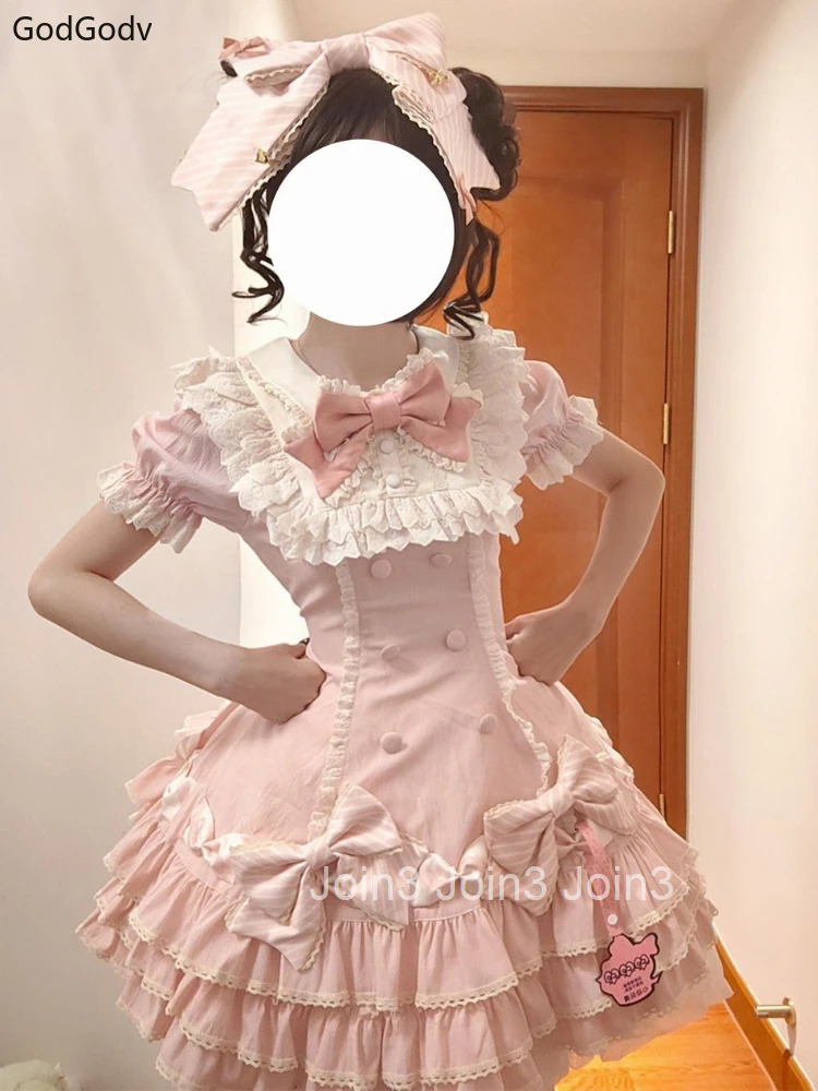 Japanese Sweet Lolita Kawaii Elegant Dress Women Princess Y2k Bow Fake Two Piece Dresses Female Korea Style Design Chic Outfits
