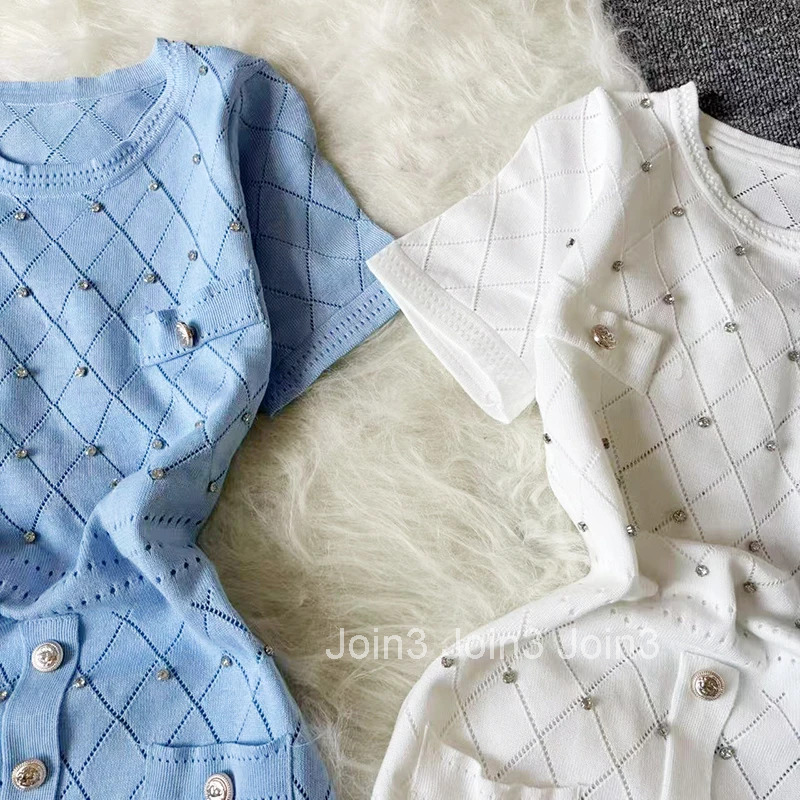 Summer Beading Summer Womens Knitting Sheath Short Sleeve Dress Female Bodycon Knitted Solid Mini Dresses For Woman Outfits