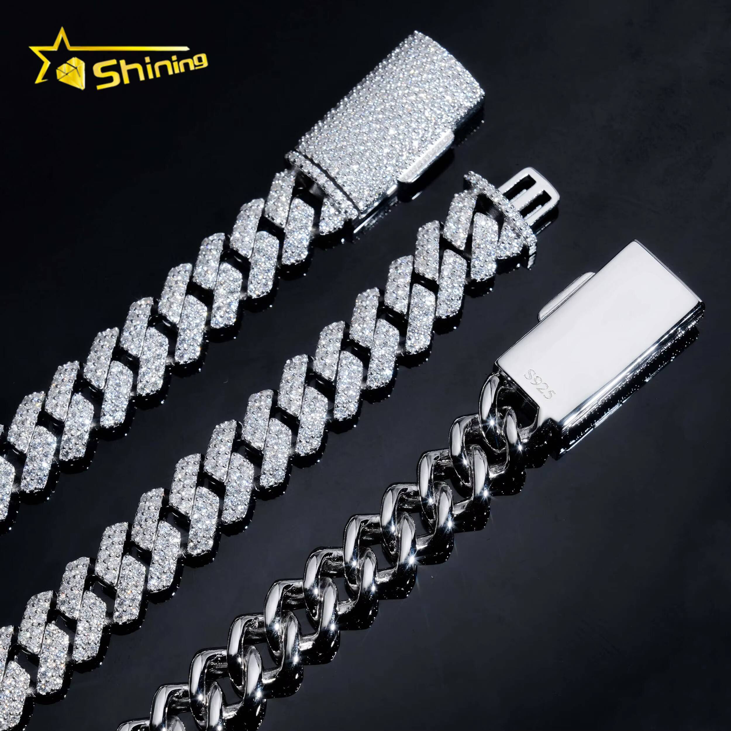 Rapper Hip Hop Miami Necklace Iced Out 12MM 2Rows Diamond 925 Sterling Silver Moissinite Cuban Link Chain
