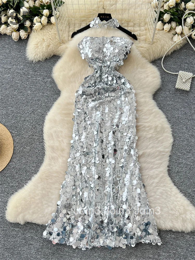 Light Luxury Sequins Party Dress Strapless Backless Lace Up Silvery Senior Sundress Ladies Sexy Bodycon Evening Dress