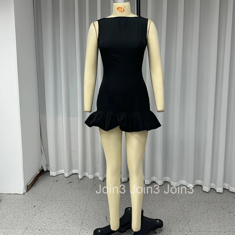 Wefads Mini Dress Women Elegant Sexy Solid Sleeveless Round Neck Nipped Waist Backless Evening Party Bubble Black Short Dresses