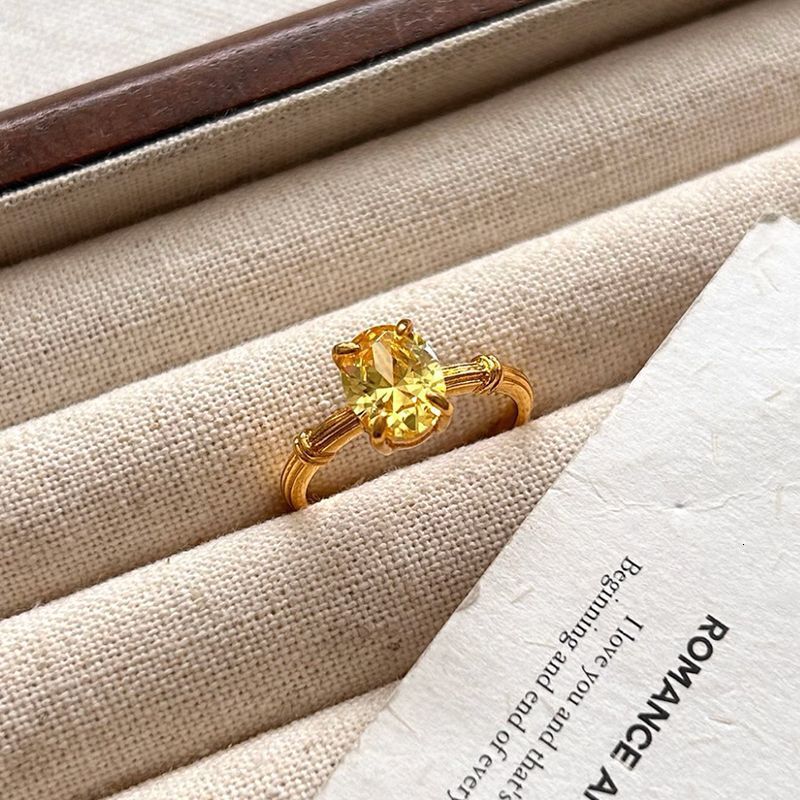 Hui Zhi Wing Jewelry S Silver Gold-Plated Oval 6*8mm Pigeon Egg Lucky Yellow mond for Women Simple Ring