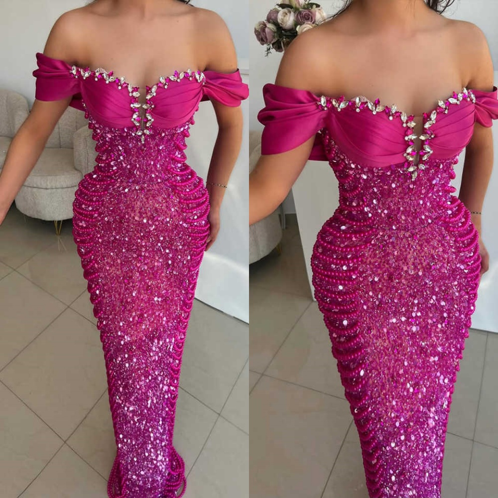 Fashion Mermaid Prom Dress Crystal Beading Off Shoulder Sequined Evening Gowns Formal Party Second Reception Birthday Robes Customized