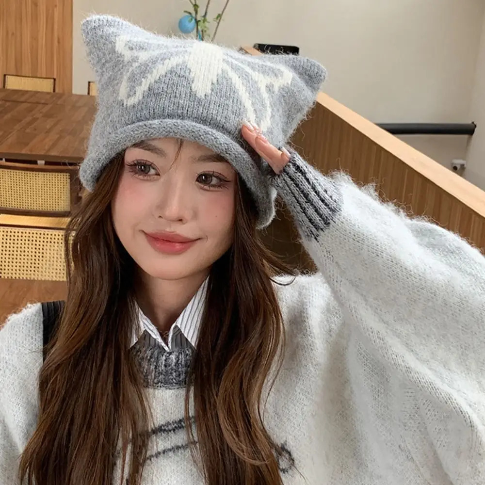 Kawaii Y2K Cute Cat Ears Beanie Hats Curly Warm Butterfly Knitted Hat Harajuku Wool Jacquard Cap Winter Autumn 250806