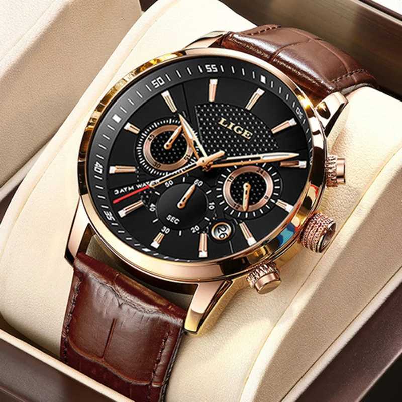 LIGE Luxury Men Leather Sport es Mens Army Military Quartz Wrist Chronogrh Male Clock Relogio Masculino+BOX W250806