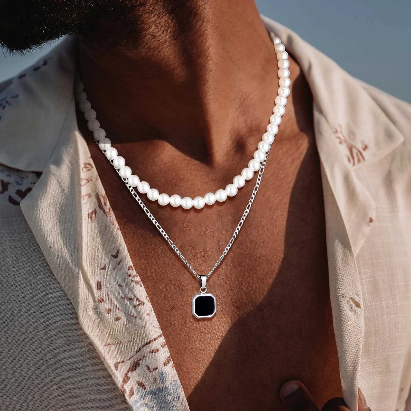 2pcs Necklace Set for Men Geometric Square Pendant with 55cm Rope Box Cuban Chain Simulated Pearl Chain Steel Necklace Y250805