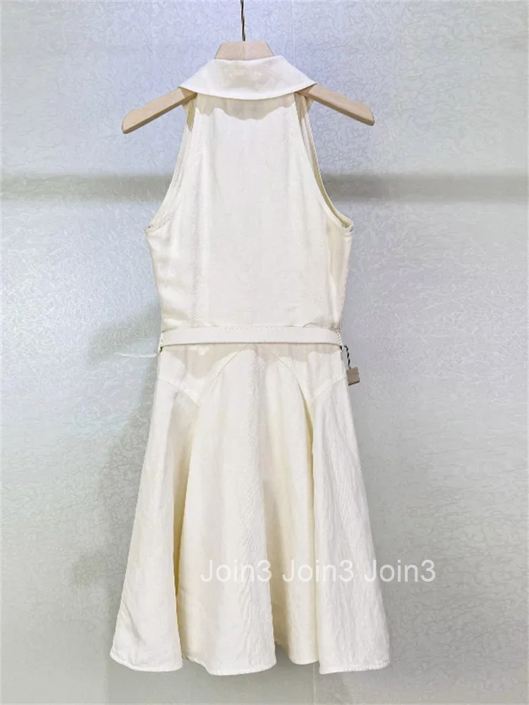 Halter Neck Tank Dress for Women Sleeveless Turn-down Collar Elegant Summer Lady Mini Robe with Sashes