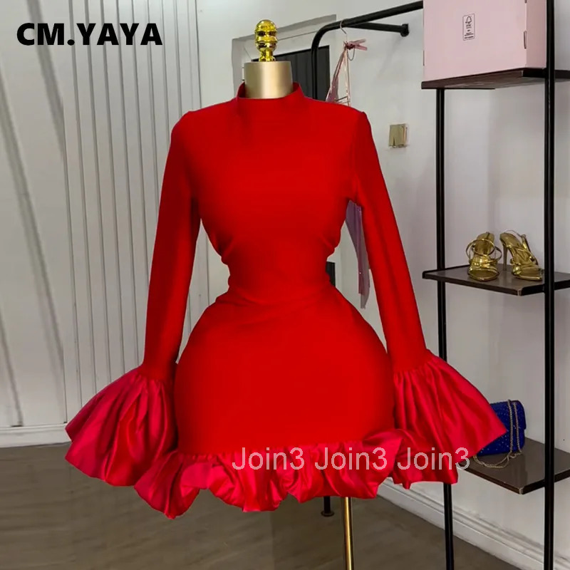 CM.YAYA Women O-neck Long Flare Sleeve Ruffles Mini Dress Spring Sweet Sexy Birthday Evening Night Party Vestidos Dresses