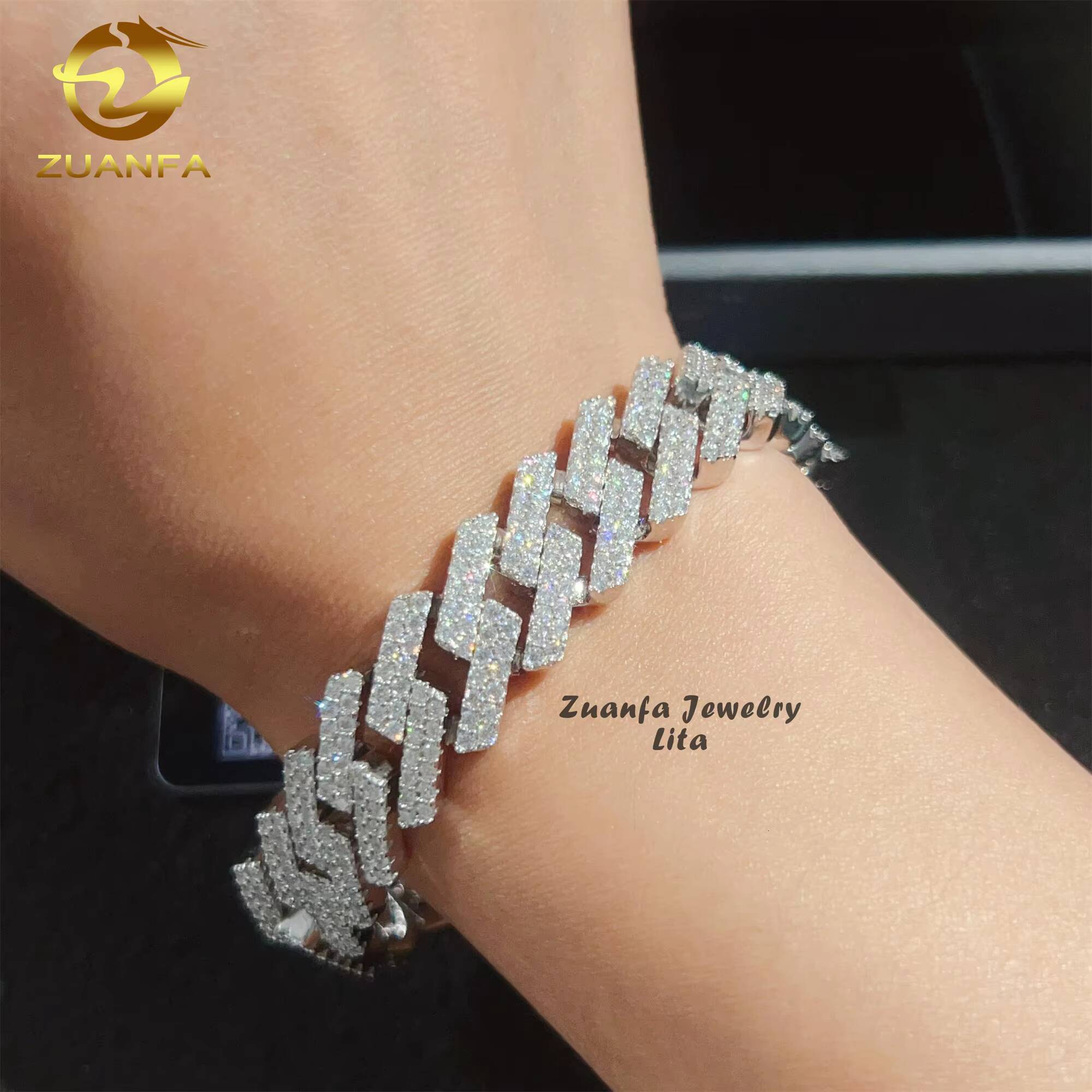 Hot Selling Two Row Diamond 14mm Hip Hop 925 Sterling Silver Straight Moissanite Cuban Link Bracelet