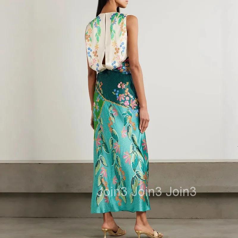 Retro Printed Satin Twisted Dress for Women Summer New Casual O Neck Zippers Boho Dress Elegant Sleeveless Hollow Out Long Dress