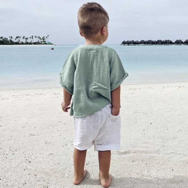 100% Cotton Muslin Boys T-shirt 2025 Summer New Childrens Casual Loose Short-Sleeve Pocket Tops TZ057 X250806