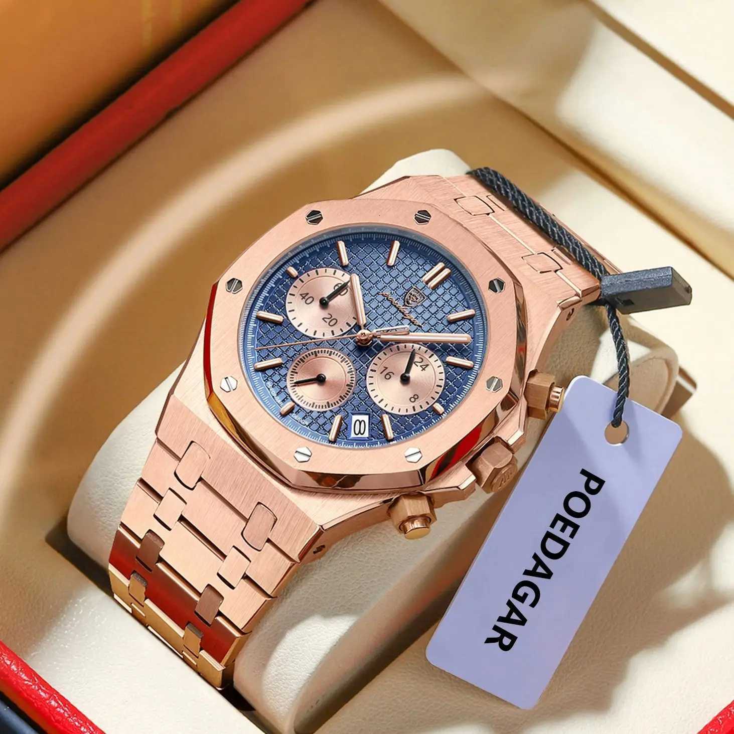 POEDAGAR Luxury Mens Stainless Steel Date Chronograph Male Waterproof Luminous Military Quartz Wristwatch for Men W250806