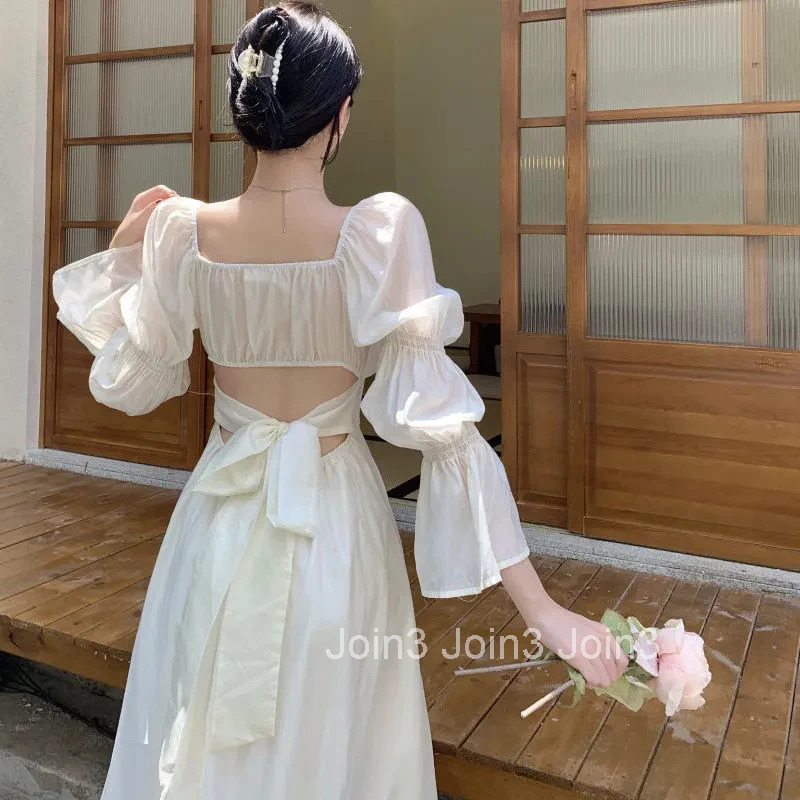 MEXZT Sweet Puff Sleeves Dress Women Long Sleeve Sexy Backless Bow Bandage Dresses White Square Collar Elegant Party Vestidos