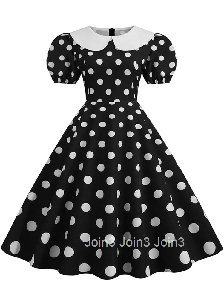 Elegant Women Summer Dress Puff Short Sleeve Polka Dot Peter pan Collar Vintage A-line Midi Long Party Sundress Robe Femme