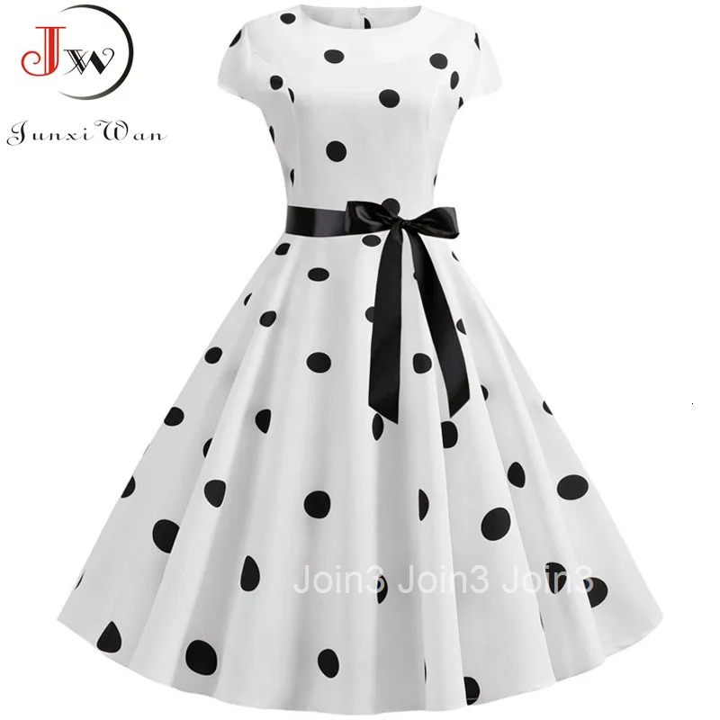 Short Sleeve Polka Dot Summer Dress Women White Elegant A-line Midi Party Dress Vestidos 50s 60s Rockabilly Vintage Dress