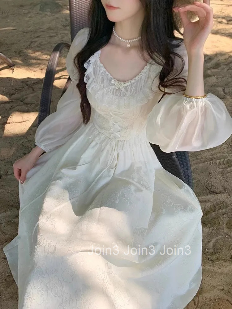 Autumn Elegant Korean Jacquard Fairy Dress Vintage Court Style Lantern Sleeve Princess Party White Dresses Bandage Vestidos