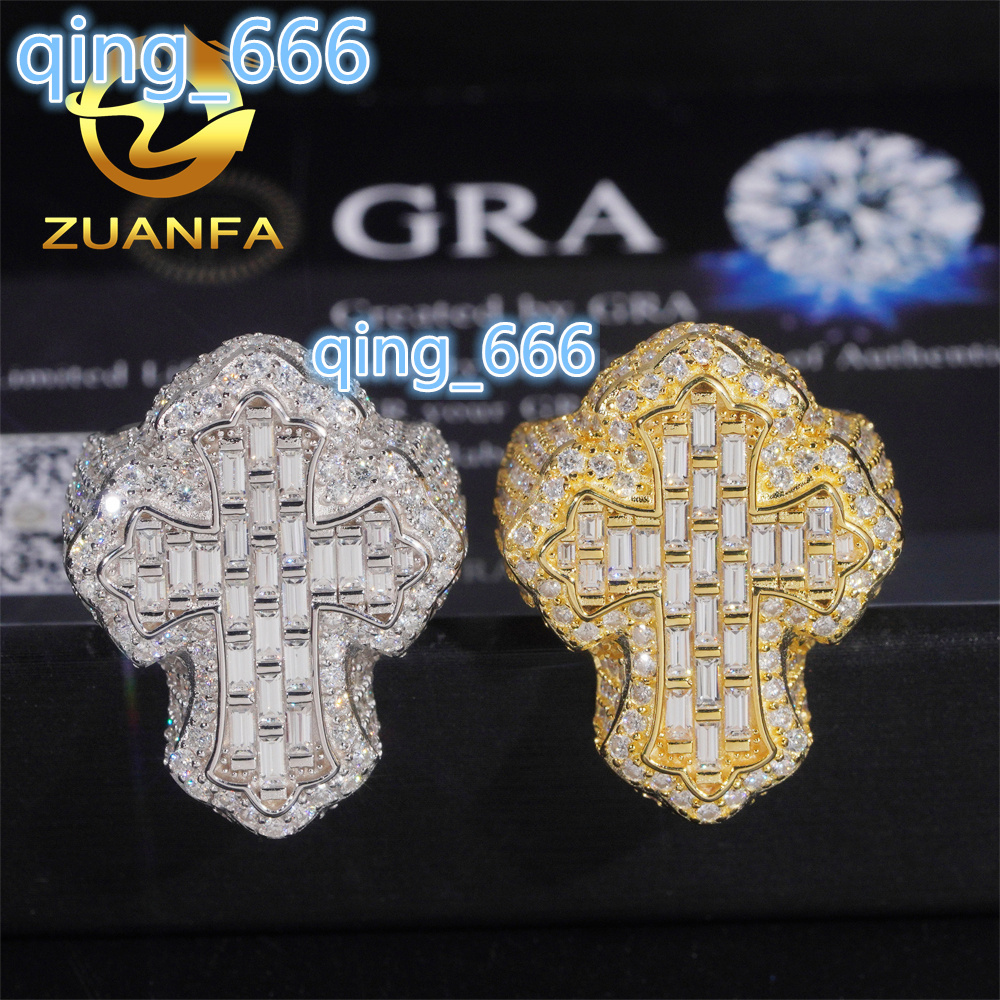Hot Sale Instock Iced Out Cross Moissanite Diamond Rings 925 Sterling Silver Hip Hop Ring Pass Diamond Tester Men Cuban Ring