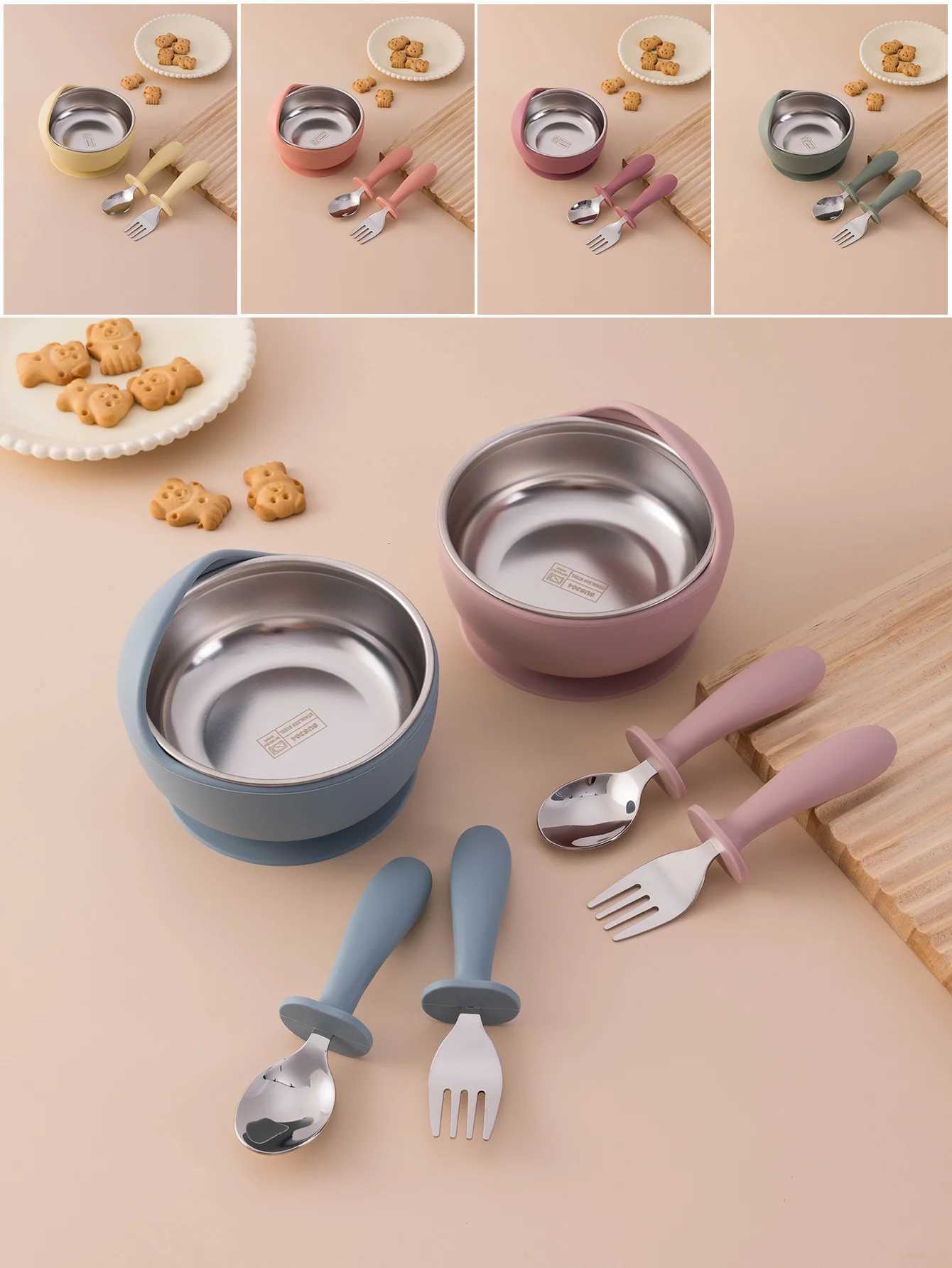 3PCS Baby Feeding Stainless Steel Bowl Fork Spoon Set Detachable Design Silicone Weaning Tableware BPA Free Training Utensils X250806