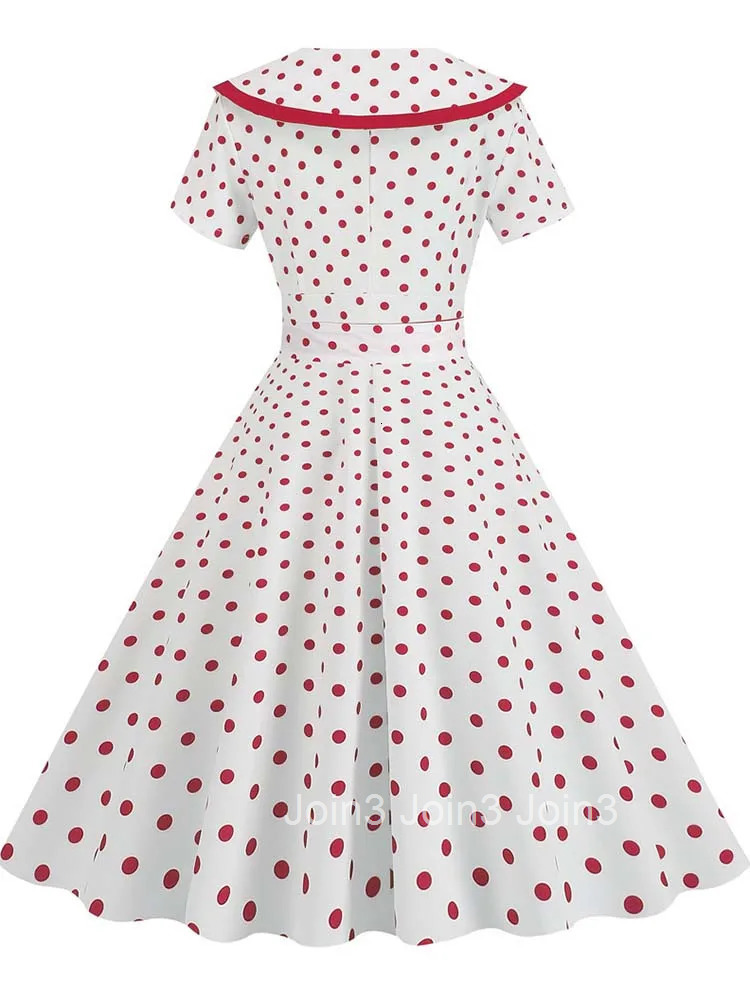 Womens Vintage Polka Dot Turn-Down Collar Midi Dress Summer 50s Style Elegant Button Detail Short Sleeve Party Gown