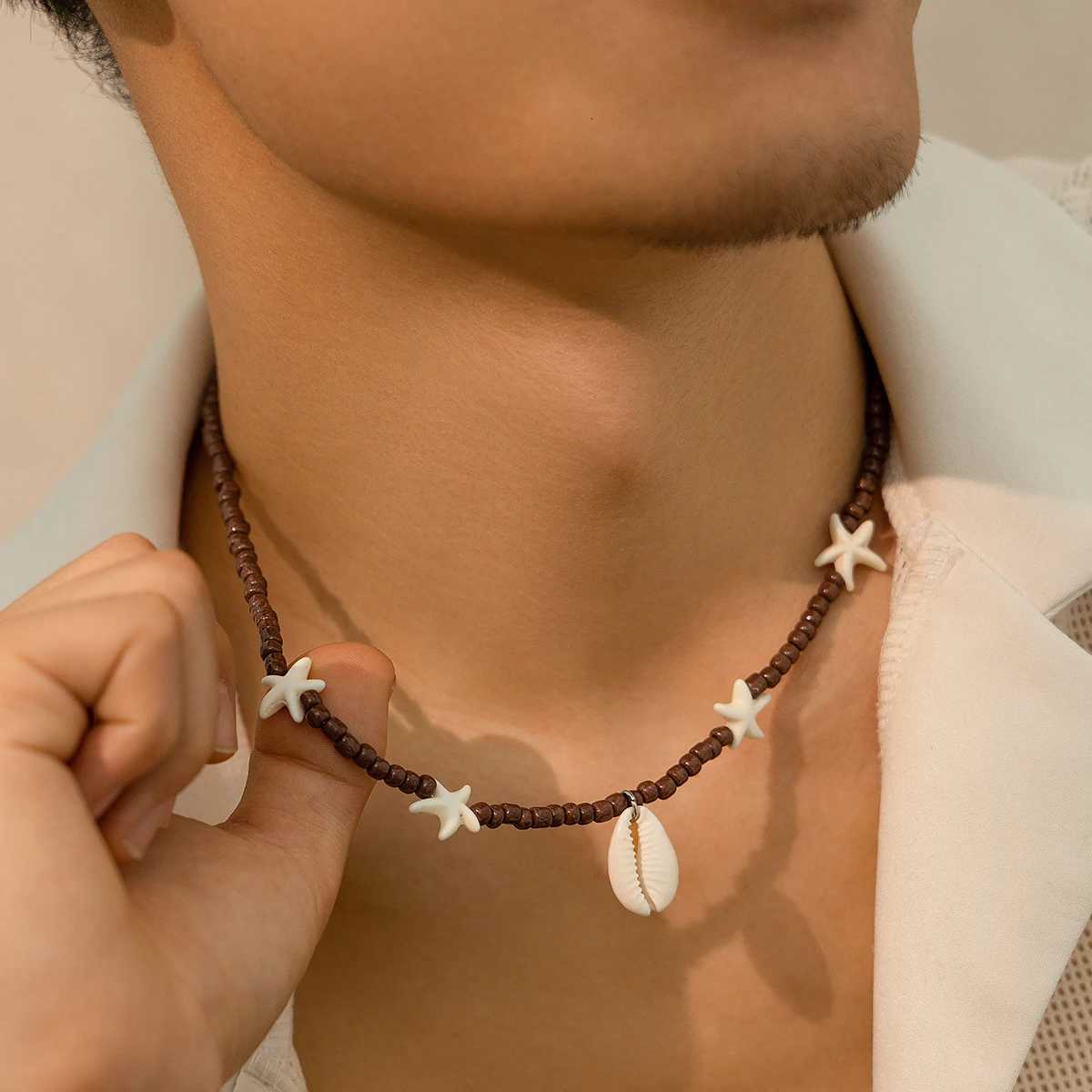 2025 Fashion Sea Starfish Necklace for Men Classic White Rice Beads Beaded Choker Necklace Mens Summer Beach Jewelry Y250805