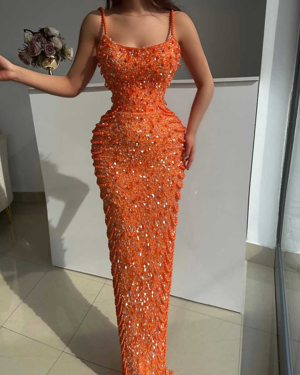 New Elegant Orange Sequins Lace Mermaid Evening Dresses Strapless For Women Beaded Prom Dress Party Gown Customized Vestido de novia