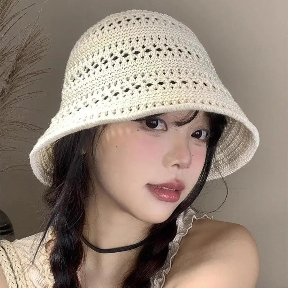 Summer Fashion Wide Brim Bucket Hat For Women Hollow Out Breathable Crochet Sun Hat Outdoor Casual Versatile Wear Panama Hat 250806