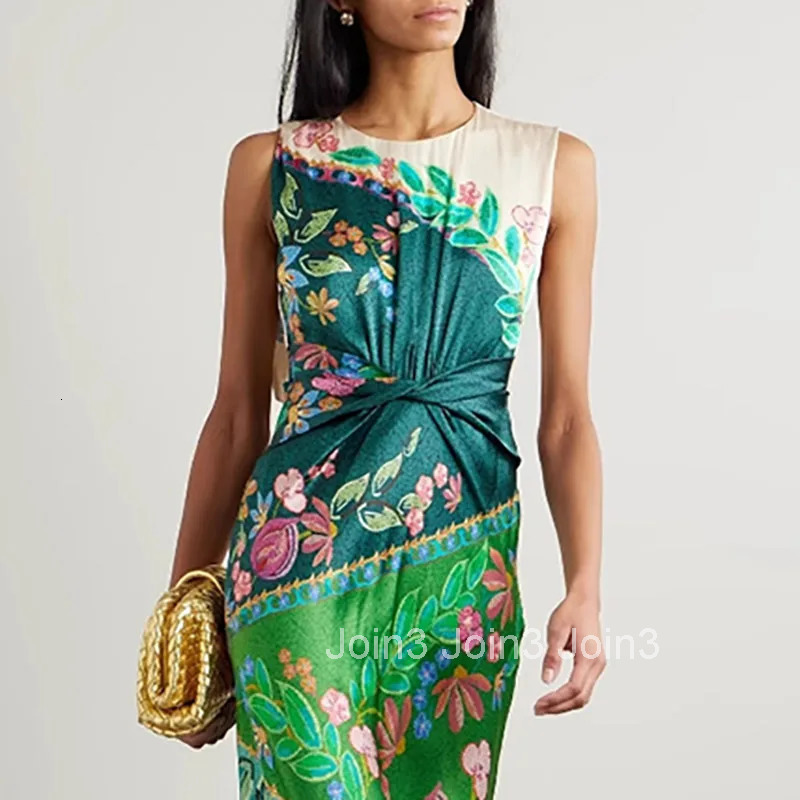 Retro Printed Satin Twisted Dress for Women Summer New Casual O Neck Zippers Boho Dress Elegant Sleeveless Hollow Out Long Dress