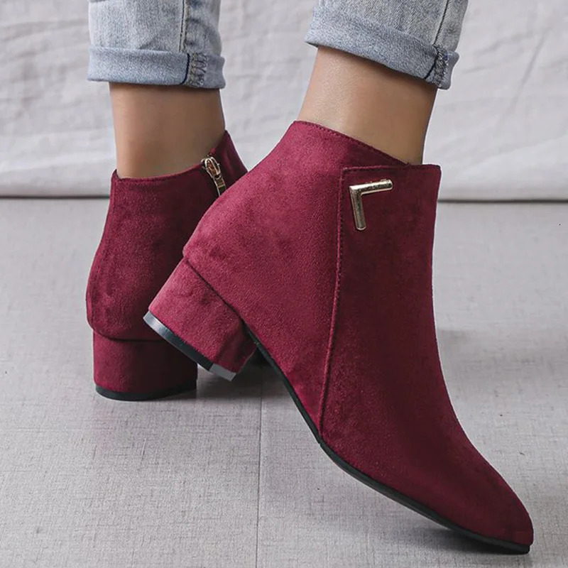 Burgundy Faux Suede Ankle Boots Women Spring Autumn 2025 Classic Metal Decoration Boots Woman Zipper Pointed Toe Botas Mujer 250805