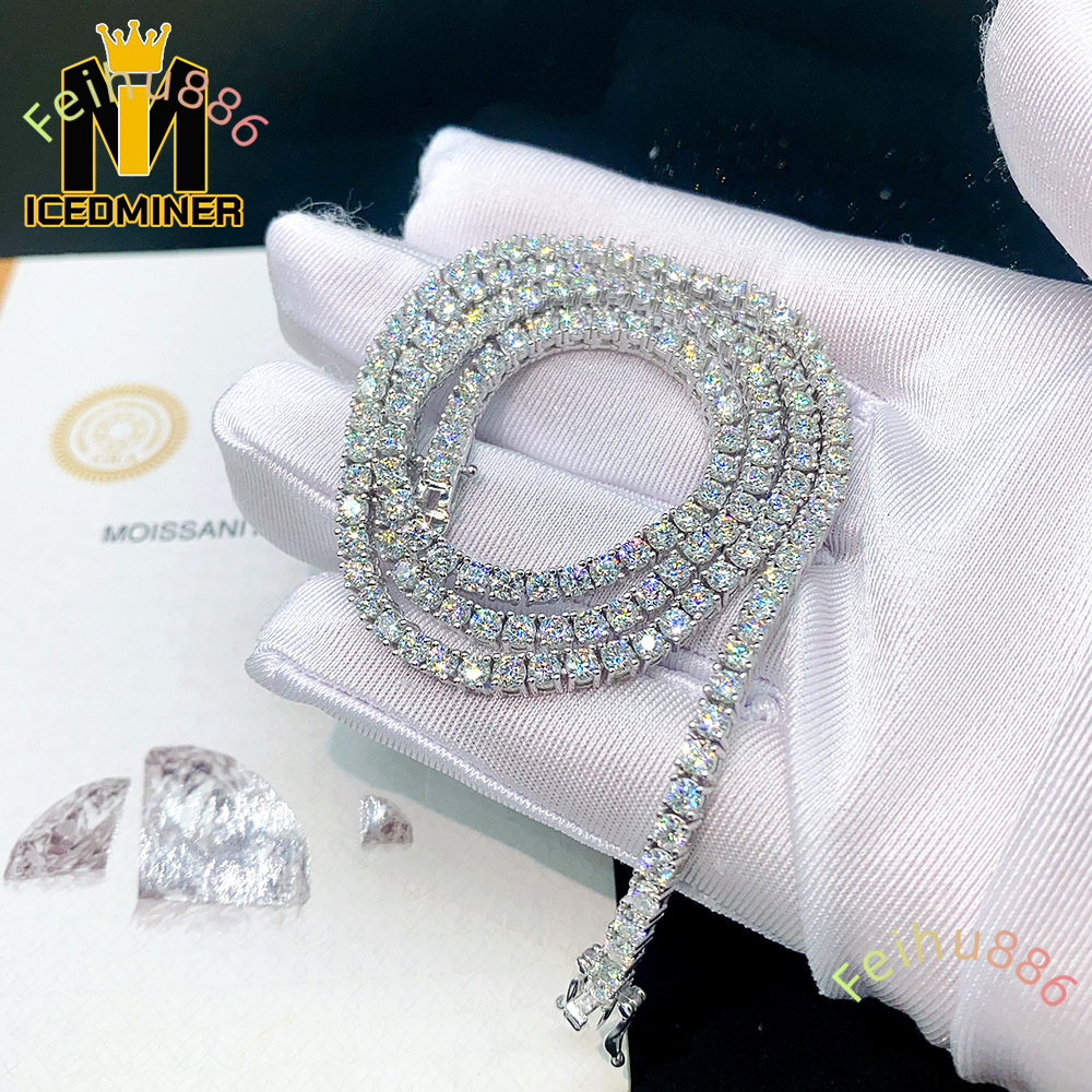 Moissanite 4mm Chain Link Necklaces Chain Hip Hop Jewelry 4mm Moissanite S925 Silver Tennis Chain Necklaces for Men Women