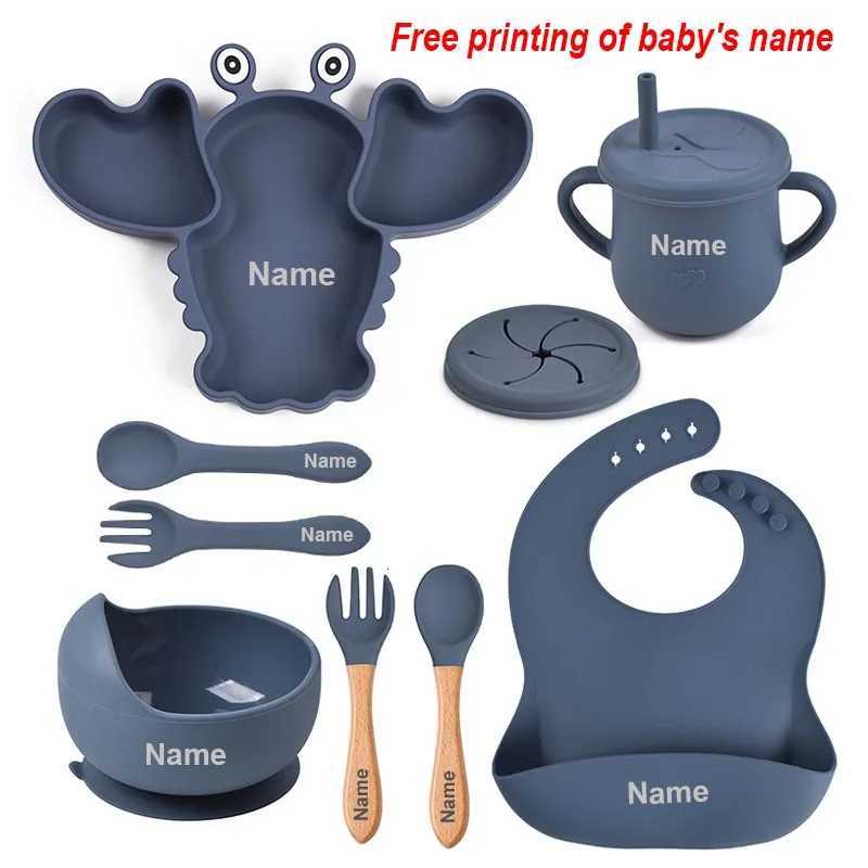 8Pcs Silicone Plates for Kids Personalized Name Childrens Tableware Suction Bowl Dishes Baby Feeding Sets Lobster Shaped Plates X250806