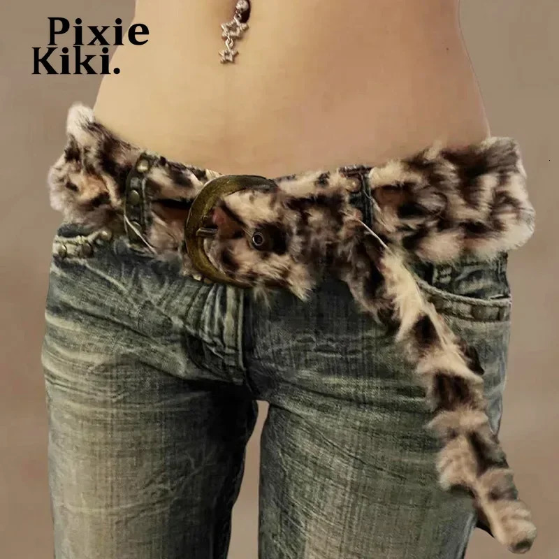 PixieKiki Cheetah Print Faux Fur Furry Belts Vintage Western Accessories Y2k Belts for Women P67-BC10 250730