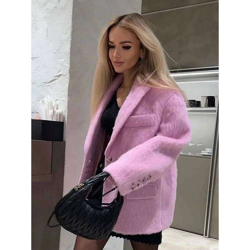 Pink Lapel Woolen Plush Coats Women Elegant Long Sleeve Button Office Lady Blazer Jacket Winter Fashion Packet Loose Coat
