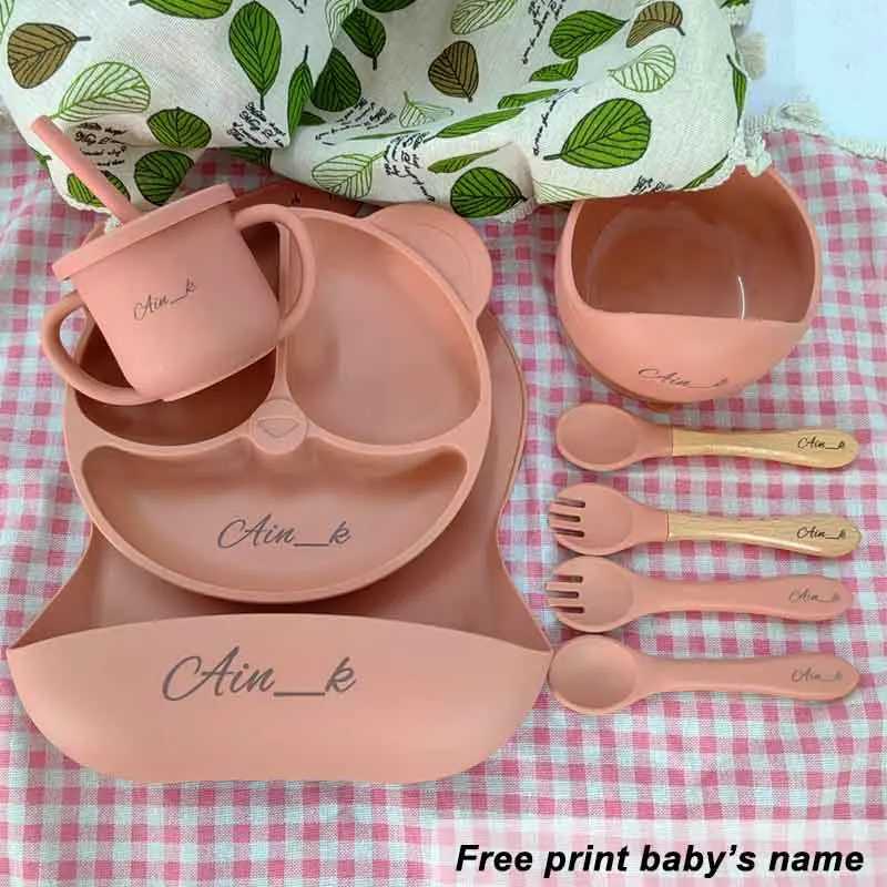 8Pcs/5Pcs Silicone Tableware for Kids Baby Feeding Set Cartoon Plate Personalized Name Sucker Cup Plate Bowl Bib Newborn Gift X250806