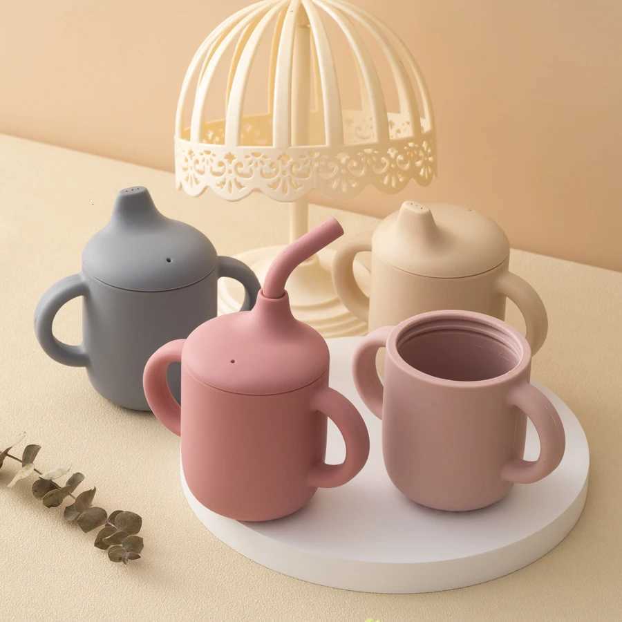 1PC Silicone Baby Cups Sippy Cup Double Lid Water Bottle Kids Portable Baby Tableware Learning Feeding Baby Item BPA Free X250806