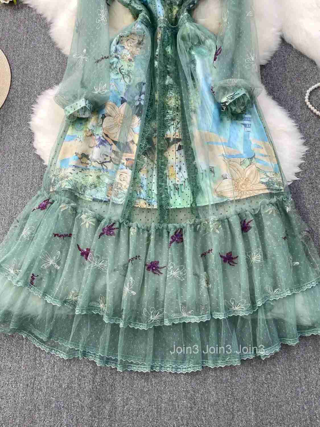 Elegant Floral Dots Embroidery Evening Luxury Dresses Women Summer Long Sleeve Tulle Princess Cake Vestidos Midi Print Dress