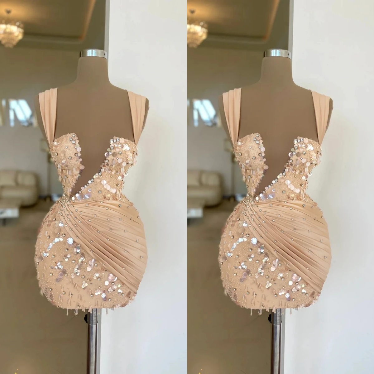 Classic Mini Evening Dresses For Women Sheer Neck Sleeveless Gown Sequins Beaded Short Dress Party Customized Dress