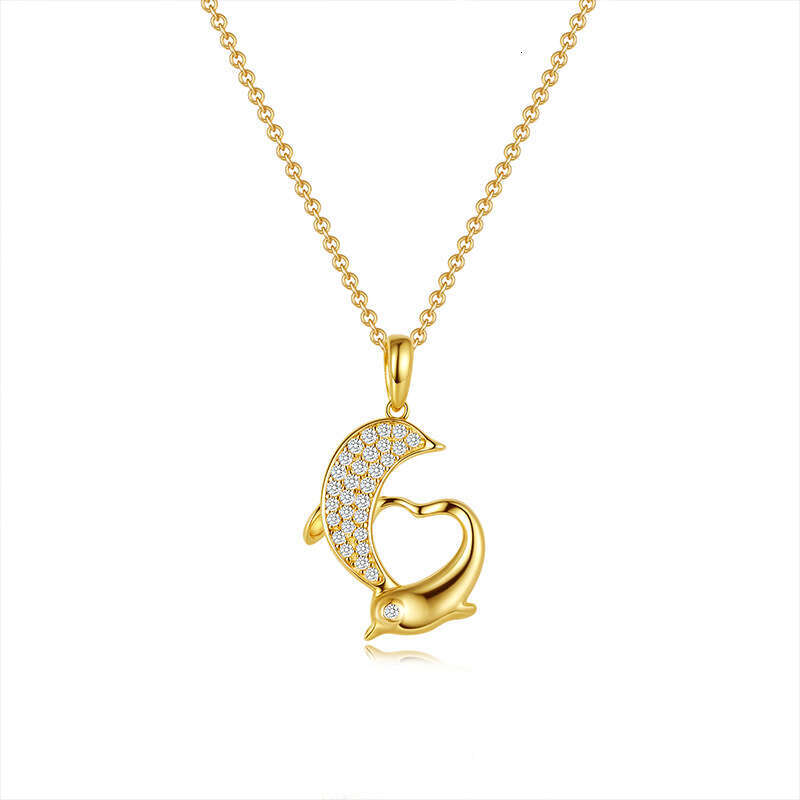 Fashion Korean Version Inlaid Moissanite Dolphin Love Iced Out VVS Necklace for Women, Niche Design, Light Collarbone Chain, Non-Fading