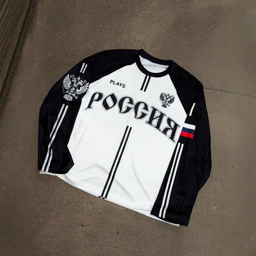 American Style Printed Long Sleeve T-Shirt Y2K Loose Fit Sports Crew Neck Jersey Versatile Casual Top Trendy